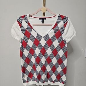 Y2K Tommy Hilfiger Pullover Stylish Red and White Argyle Women's Top Medium